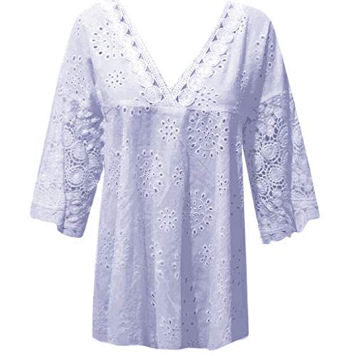 Women 3/4 Sleeve V Neck Hollow Out Floral Print Shirt Tops Long Blouse Tee Lace Patchwork T-Shirt Purple - Thumbnail 2