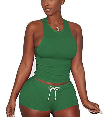 Womens Activewear Sports Sleeveless Tank Top+Shorts 2 Piece Outfits Set Tracksuits Green - Thumbnail 5
