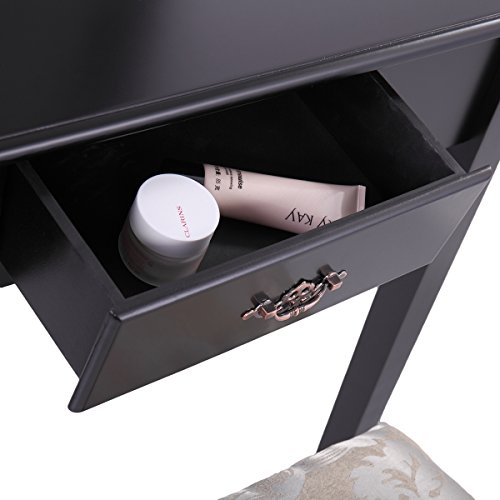 JAXPETY New Black 3 pc Set Boudoir Makeup Cosmetic Mirror Vanity Table Desk W/Bench - Thumbnail 6