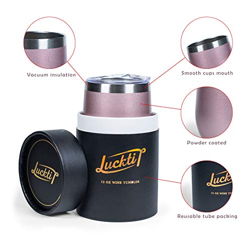 Luckti 12 oz Insulated Stainless Steel Wine Tumbler Cup Double Wall Vacuum Stemless Glass with Lid - Rose Gold - Thumbnail 4