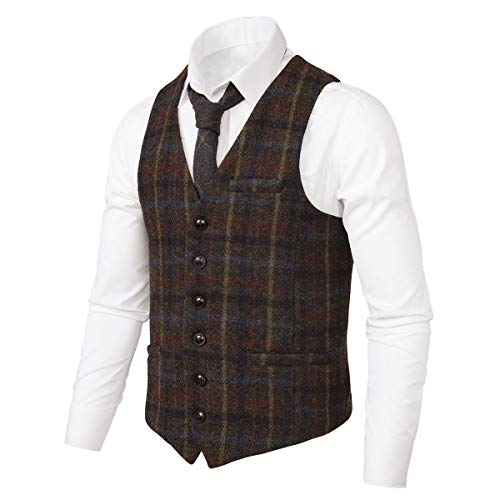 Men's Slim Fit Herringbone Tweed Suits Vest Premium Wool Blend Waistcoat