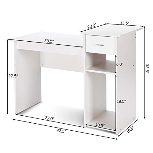 Tangkula White Desk with Storage Drawer & Shelves, Compact Desk for Small Space, Modern Wooden
