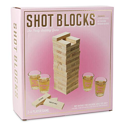 Tri-Coastal Design Shot Blocks Party Building Game with 60 Tower Playing Pieces and 4 Custom Shot Glasses with Funny Sayings for Bachelorette Parties and Girls Night Out