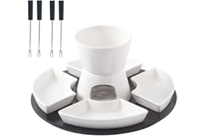 JuxYes 300ml Ceramic Butter Chocolate Serving Fondue Pot Set with Wooden Pallet and 4 Forks and 4 Dishes, Cheese Butter Warme