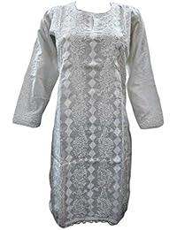 Tunic Designer Paisley Embroidered Kurta Dress White Cotton Tops S
