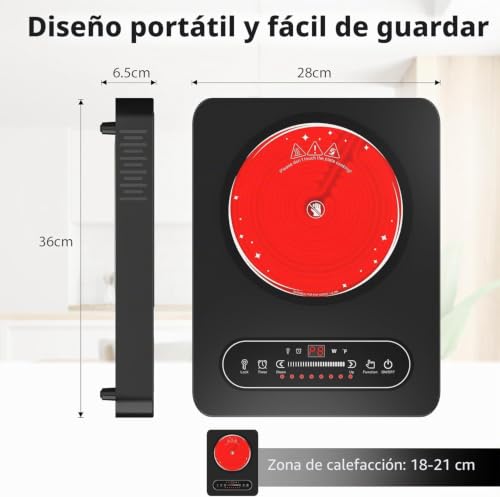 VBGK Vitroceramica Portable 2000W, Portable Vitro with Timer, 8 Power Levels, 220V~240V with Plug, Electric Plate for Camping Compatible with All Types of Pots