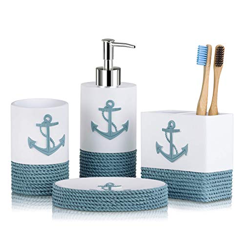 tideandtales decoración de baño náutica juego de accesorios de baño de 4 piezas | decoración de baño de cuerda y ancla con tema de océano y mar | dispensador de jabón de baño coastal | decoración de baño de playa