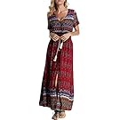 ARANEE Women's Button Up Split Floral Print Long Maxi Boho Bohemian Dress (M, Wine Red)