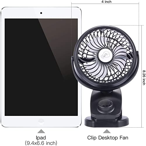 Mini Clip-on Fan 5000mAh Rechargeable Battery Operated USB Desk Fan Portable Personal Fan Small Quiet Stroller Fan for Home, Office, Travel, Camping, Baby Pram(Black)