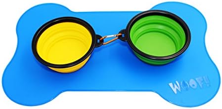 HENREK Pet Dog Cat Feeding Mat With 2 Pack Of Collapsible Feeding Bowl, Non-slip Non-spill Easy to Clean Keep Floor Tidy, Portable Domestic & Travel Group For Dogs and Cats (Feeding Mat & 2 Bowls)