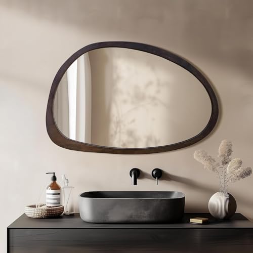 medla Irregular Oval Wall Mirror: 50x70CM Asymmetrical Mirror Modern Wood Frame Unique Shape Wall Mounted Vanity Artistic Mirror Decorative for Living Room Bedroom Bathroom Entryway Hallway