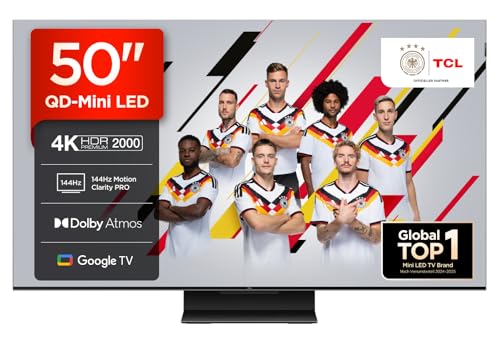 TCL 50Q7C 50 Zoll QD-Mini LED Fernseher, 4K HDR Premium 2000, Smart TV unterstützt durch Google TV (Dolby Vision IQ & Atmos, HVA-Panel, 144Hz Motion Clarity Pro, Freihändige Sprachsteuerung)