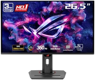 ASUS ROG Strix 26.5” 1440P QD-OLED Gaming Monitor (XG27ACDNG) -QHD (2560x1440), 360Hz, 0.03ms, Custom Heatsink, OLED Care+, G-SYNC Compatible, 99% DCI-P3, DisplayWidget, AI Gaming, 3yr Warranty