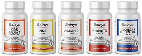 Belnys – Kid's Balance Multivitamin, Zinc 25 mg, Vitamin D 1000 IU, Probiotic 35 Billion, Omega Fish Oil 1000 mg Set – 5 High Potency Supplements (5 different products)