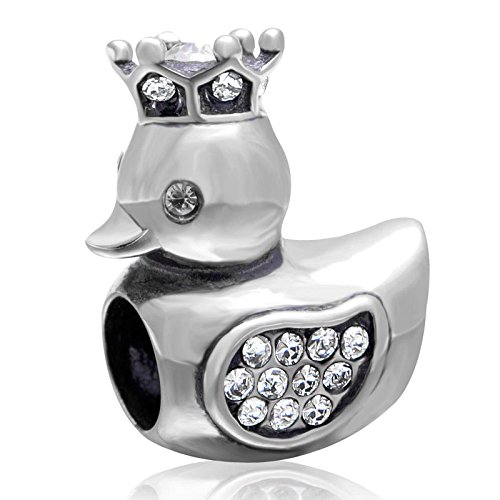 Duck Charm in Crown 925 Sterling Silver Animals Charm Fit Pandora Style Bracelet (White)
