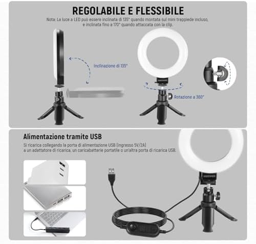BASICS 5" Ring Light con Mini Treppiede per Videoconferenza da Scrivania, Kit Streaming con Clip per Monitor Webcam Computer Laptop Trucco Selfie Registrazione Video, Panno da Pulizia, BR60