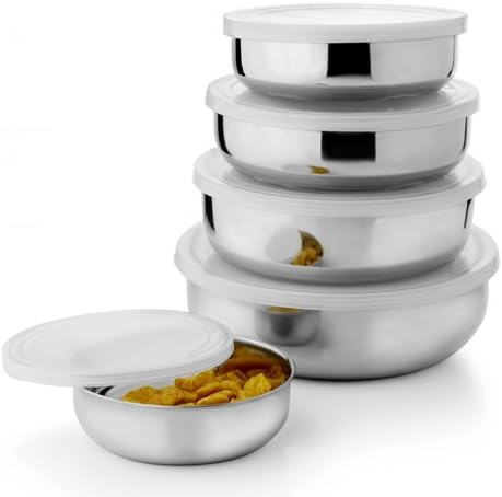 Apricot Stainless Steel Solid Air Tight Lid Bowl (Silver) -Set of 5 Pcs