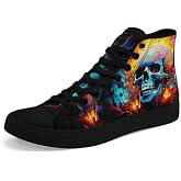 AWSOLE High-top Skull Canvas Sneaker for Men Women Lace up Fashion Unisex Flame Walking Casual Flat Shoes Black White Shoes