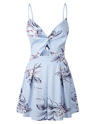 Poptem Women Sexy V Neck Printed Spaghetti Strap Beach Romper Shorts Jumpsuit Summer Playsuit (Light Blue, S)
