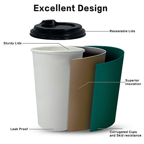 12oz Paper Coffee Cups With Lids and Straws, 100 Pcs Bulex Disposable To Go Coffee Cups Green Paper Cups for Hot Beverages