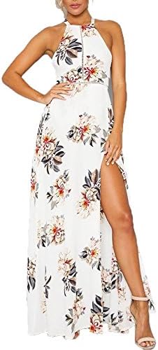 GABREBI Women's Sleeveless Chic Halter Backless Maxi Dress Vintage Floral Print Beach Split Dresses (White XL)