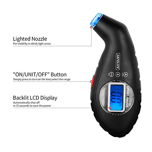 SAFELIFE Digital Tire Pressure Gauge 100 PSI 4 Settings, Color Coded Depth Gauge and 4 Valve Caps for bike, cars SUV and motorcycle - Thumbnail 3
