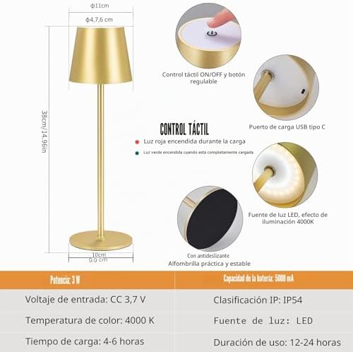 2 lámparas LED regulables de mesa con batería, inalámbrica, recargable, luz cálida, 3000 K, lámpara de mesa para interior y exterior con USB-C, aluminio, IP54, resistente al agua (dorado)…