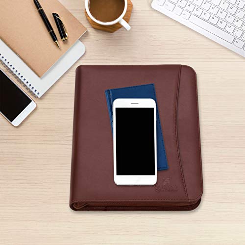 Professional Business Padfolio Portfolio Organizer Interview Folder with Notepad and Removable 3 Ring Binder, Card Slots, Multiple Zippered Pockets - Almond Brown Synthetic Leather