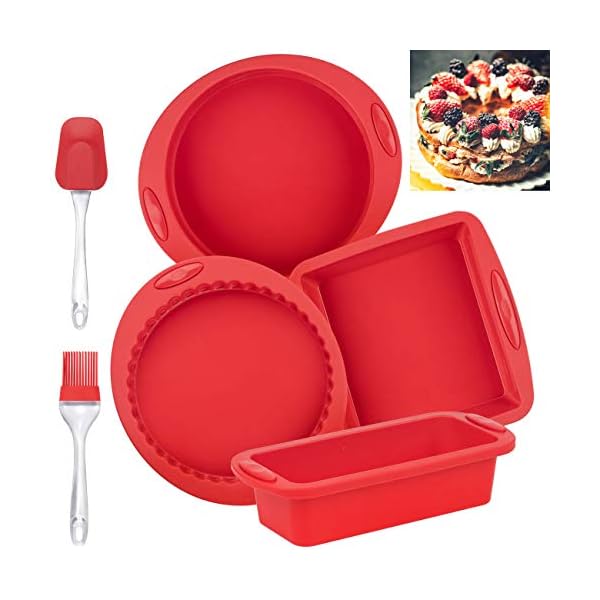 COSYLAND-6-Pieces-Silicone-Baking-Mould-Set-with-2-Oil-Brush-Non-Stick-Molds-Bakeware-Loaf-Tin-Trays-for-Baking-Cakes-Bread-Pie-Pancakes-Rectangular-Round-Square-Red COSYLAND 6 Pieces Silicone Baking Mould Set with 2 Oil Brush Non-Stick Molds Bakeware Loaf Tin Trays for Baking Cakes…