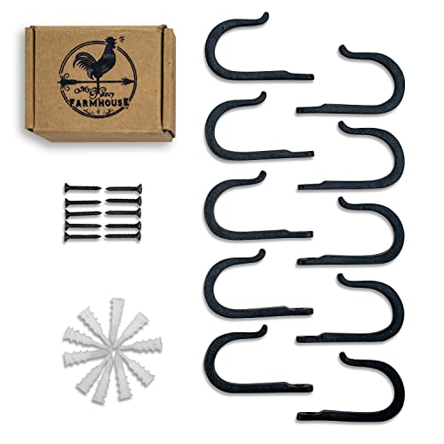 Railroad Spike Cast Iron Hooks (10 Pack) Handmade Blacksmith, Wall Mounted Farmhouse Decorative Hooks, PowderCoated for Interior or Exterior Use, Rust Proof for Hanging Coats, Bags or Pots (Black)