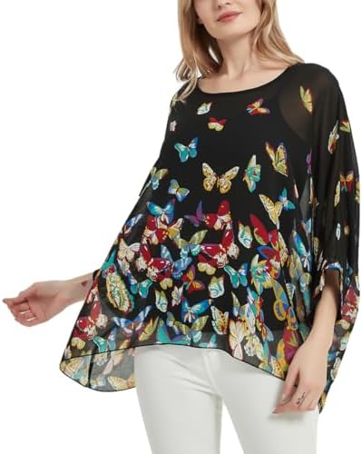 Wiiiwish Women's Loose Batwing Sleeve Chiffon Caftan Top - Camouflage Print, Sheer Long Tunic, One Size Fits M-XXL - View #4