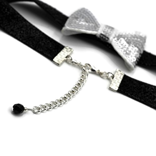 Arthlin Silver Bowtie Necklace Accessory for Women, Silver Sequins Bow and Black Glitter Band
