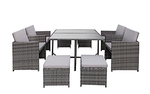 Modern 8 Piece Space Saving Outdoor Furniture Dining Set, Patio Rattan Table and Chairs Set (Gre ...