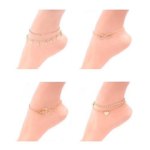 Daycindy Infinity Love Rose Charms Coin Chain Anklets for Women Golden, Pack of 4