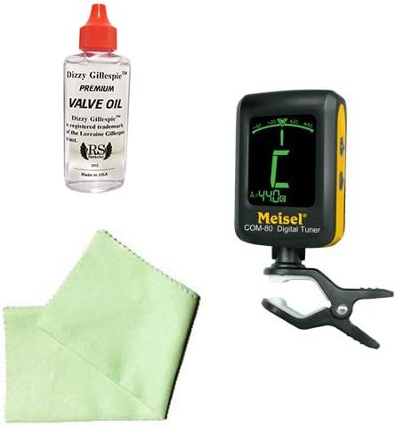 Trumpet Tuner Pack - Meisel COM-80 Clip-On All Instrument Tuner Includes Bonus Trumpet Cleaning Cloth &amp; Dizzy Gillespie Valve Oil