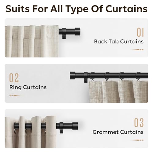 Zeerobee Curtain Rods for Windows 32 to 72, 1 Inch Black Heavy Duty Drapery Rods with Adjustable Length, Outdoor Modern Curtain Pole with Simple End Caps, 32"-72", Black