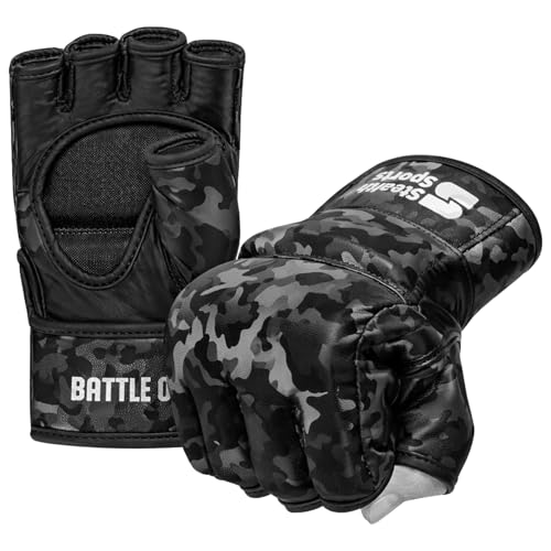 Stealth Sports MMA Gloves Men Women 12mm Thick - PU Leather Grappling Gloves Open Palm Muay Thai Kickboxing Sparring Punching Bag Boxing Training Cage Fighting Martial Arts Mitts (Camo, L)