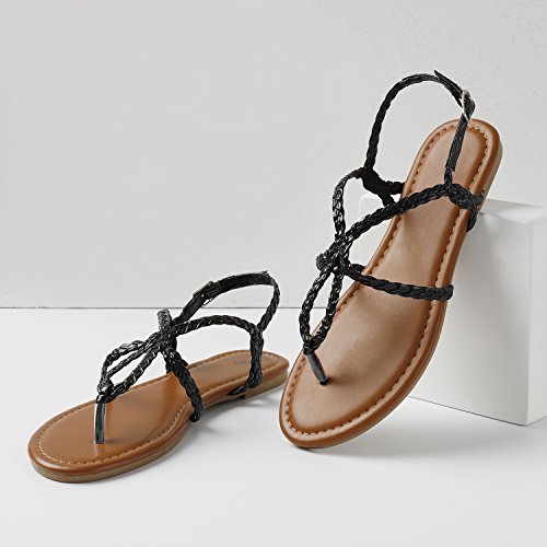 Rekayla Flat Sandals Braided Strap Tong Sandal for Women Black 08