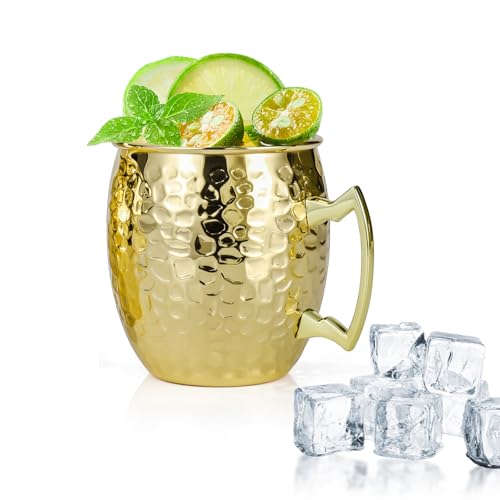 Amrules Moscow Mule Mugs, 16 OZ Gold Hammered Mule Cup with 304 Stainless Steel Lining and Brass Handle, for Cold Drinks, Beer, Wine, Bars, Parties