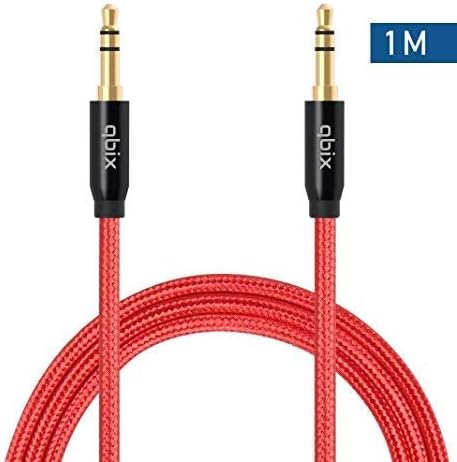Qbix Nylon Braided Auxiliary Stereo Cable with Gold Plated Connectors, Meter Male to Male 3.5mm Aux Cable for car (1 Meter, Red)
