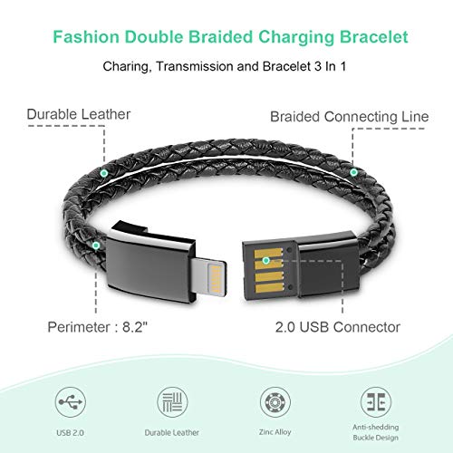 USB Charging Bracelet Cable Fashion Double Braided Leather Wrist Data Charger Cord (Black Lï¼ˆ8.2"ï¼‰)