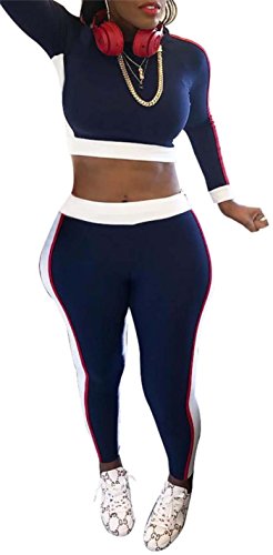 Women's Blue 2 Piece Outfits Clubwear Long Sleeve High Waist Leggings Sets