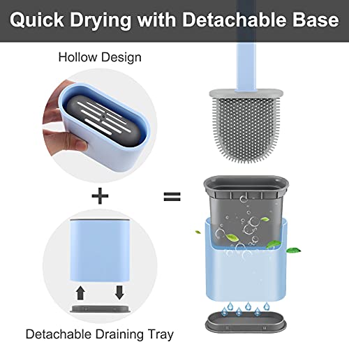 Onlyesh Silicone Toilet Brush with Holder, Wall Mounted Toilet Brush Set with Drain Pad & Extra Hook, Deep Cleaner Toilet Brushes with No-Slip Plastic Handle, for Bathroom Toilet (Blue)