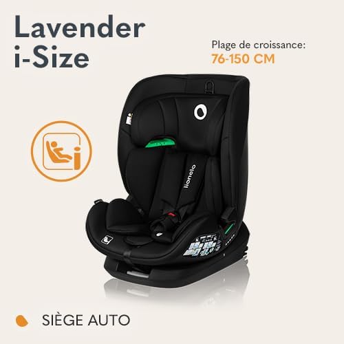 LAVENDER I-SIZE Siège Auto Enfants de 76 à 150 cm Conforme à la Norme R129 i-Size, Montage Face à la Route ISOFIX Ceinture TT, Réglage de l'Appui-tête et du Dossier Insert réducteur (Black)