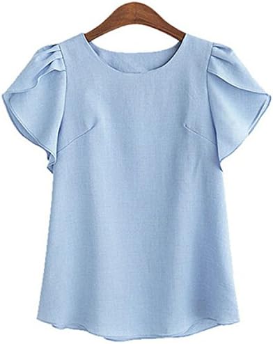 NENGWENWU Fashion Women Top Blouses O-Neck Shirts Chiffon Casual Vintage Tops Plus Size Blouse Sky Blue XXL
