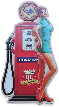 Vintage American Gasoline Gas Pump Pinup Girl Shaped & Embossed Metal Wall Decor Sign, Heavy Gauge .35mm Iron, Sawtooth Hanger On Back for Displaying, 22.5" x 12.25"