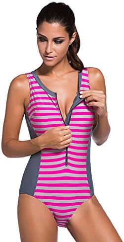 QiKa Womens Strips Sporty Zip Front Lined Up Padded One Piece Swimsuit