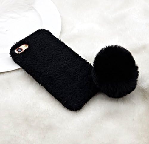 iPhone Fur Luxury Protective Cover Case with Cute Pom Pom (with a Free Screen Protector) for iPhone 7 / iPhone 8 / iPhone 7 Plus / iPhone 8 Plus (Black, iPhone 7 Plus / iPhone 8 Plus (5.5"))
