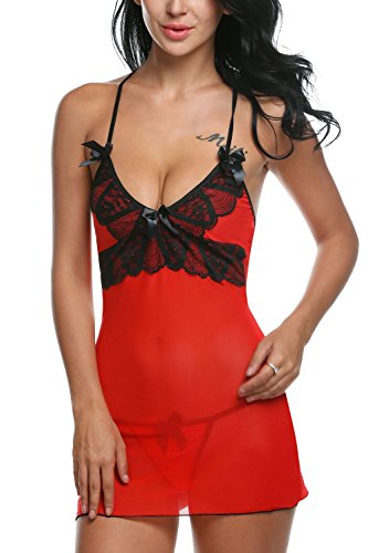 Avidlove Gauze Babydoll Lace Splicing Straps Hollow Out Lingerie and G-string Set