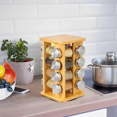 Porta Temperos de Bambu Giratório 16 Potes de Vidro Organizador Condimentos Especiarias Cozinha